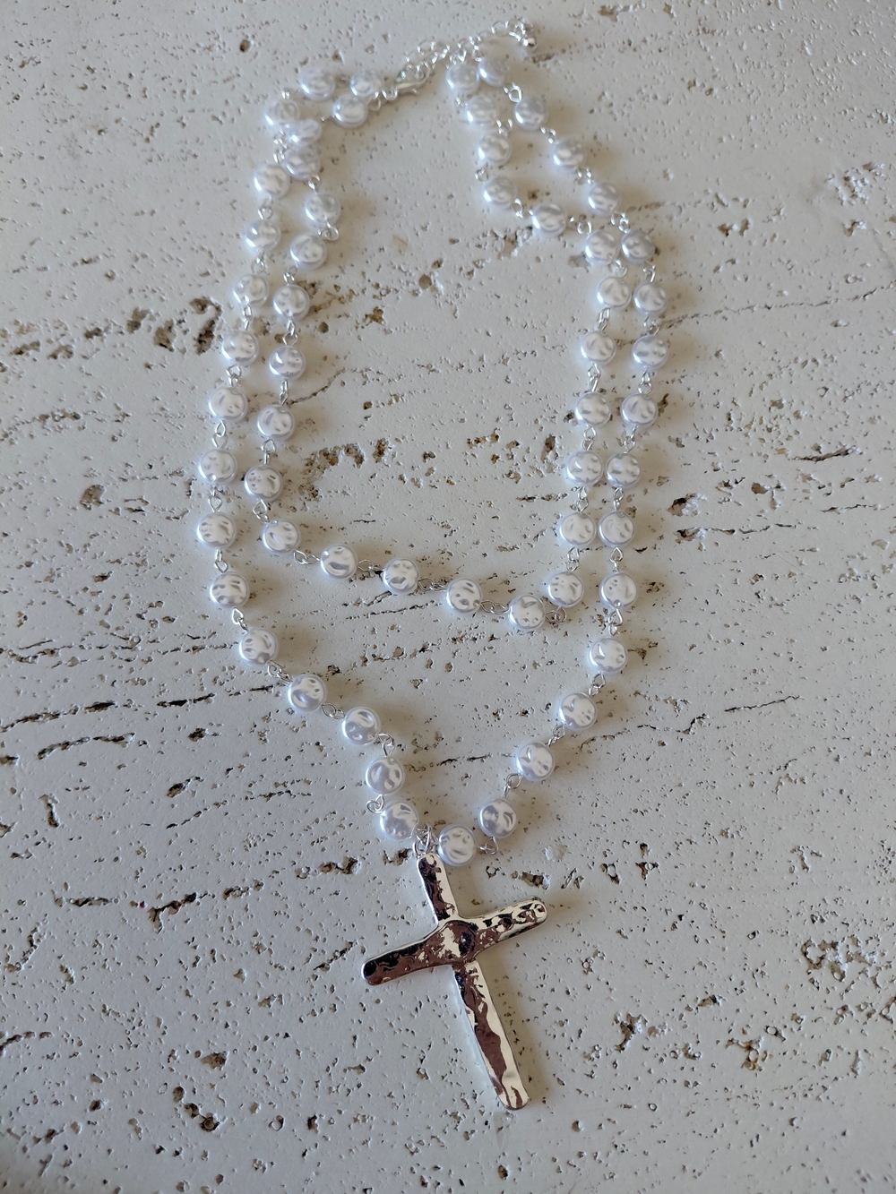 Pearl Rosary Necklace with Hammered Silver Cross - White